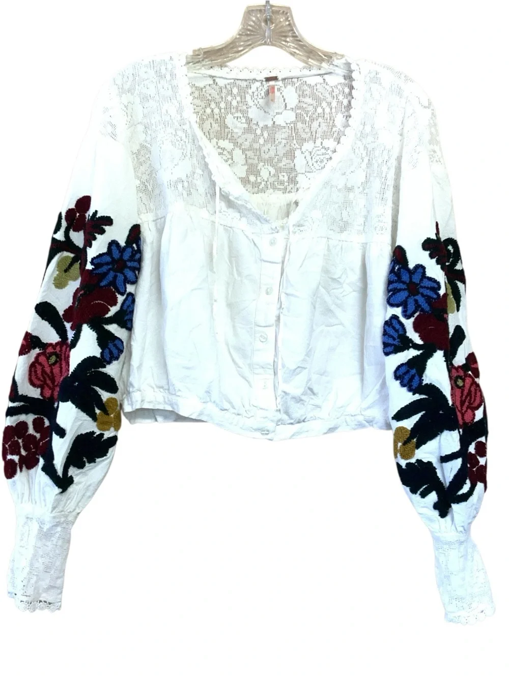 Free People Meadows XS Embroidered Flowy Peasant Cropped Boho Festival Top